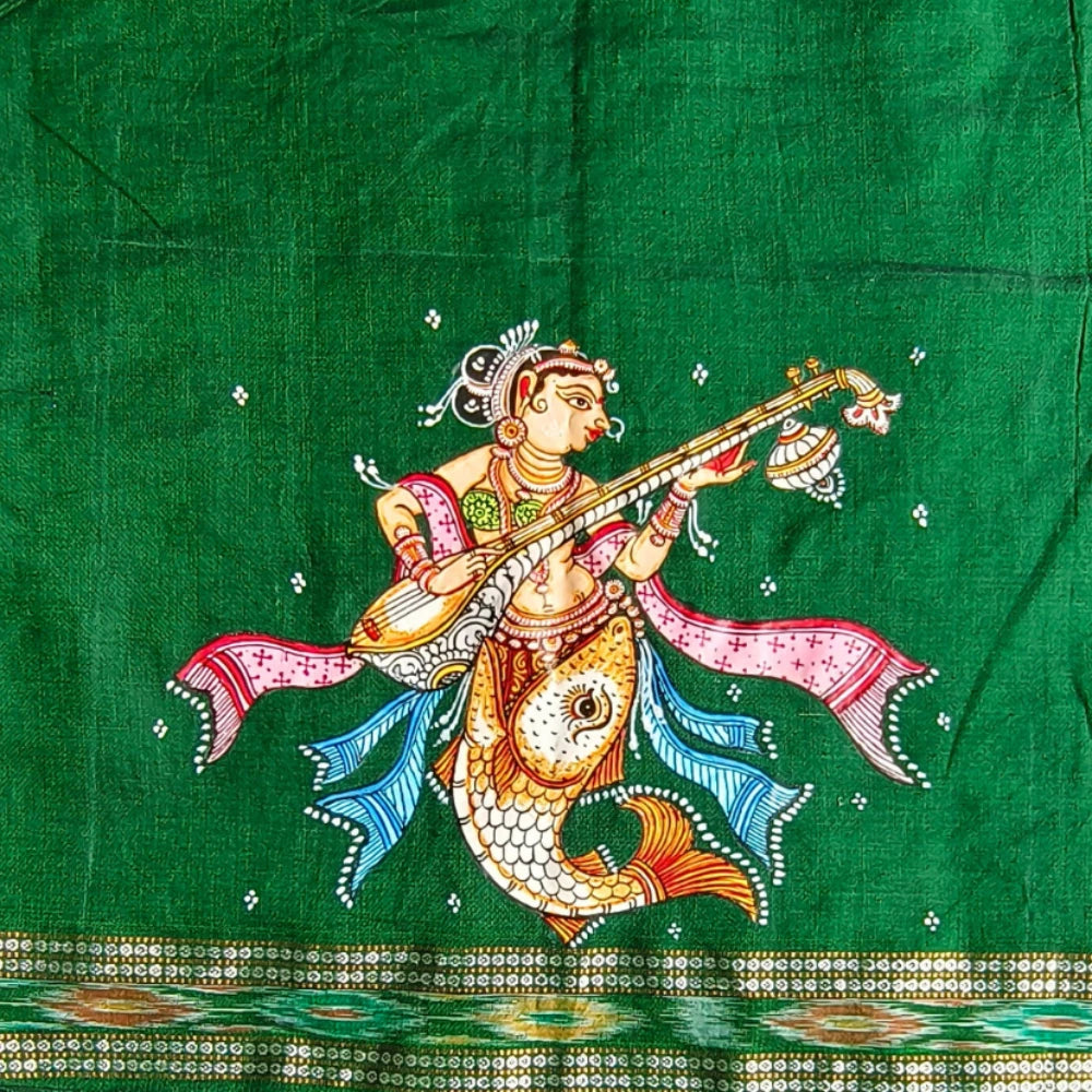Hand-painted Pattachitra Matsya Kanya With Beena In Hands And Fish On Sleeves Blouse by Maavni