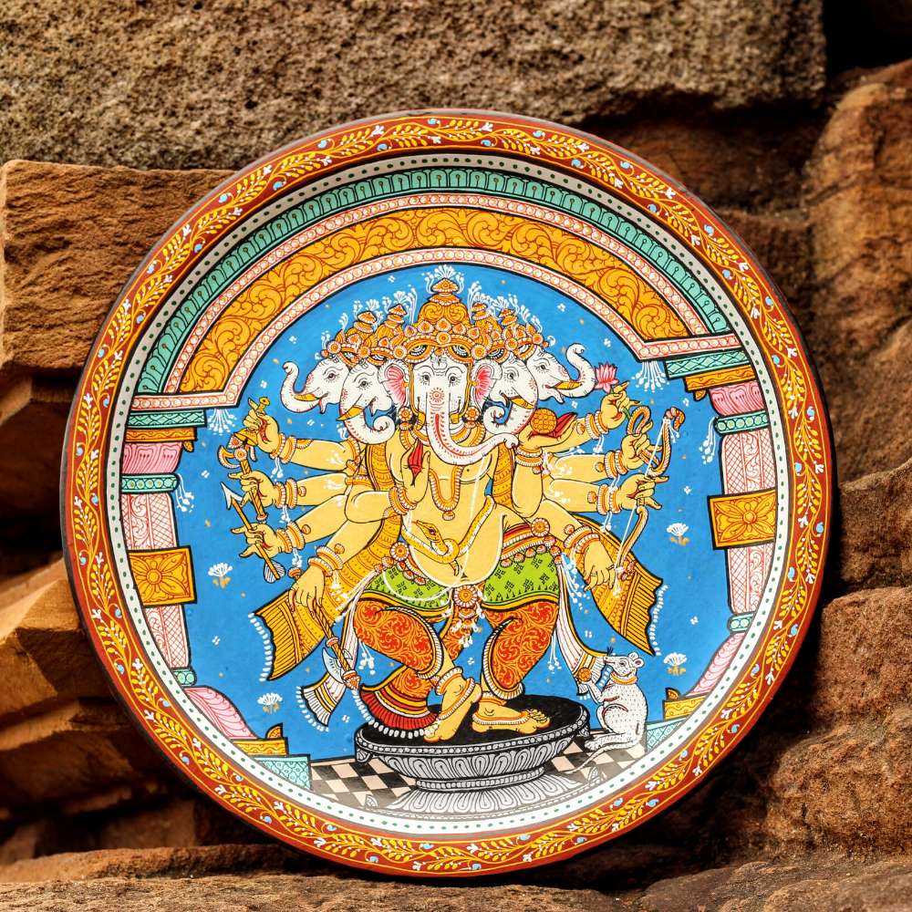 Hand-painted Pattachitra Ganesha Wall Plate - 12" Multicolor Melamine