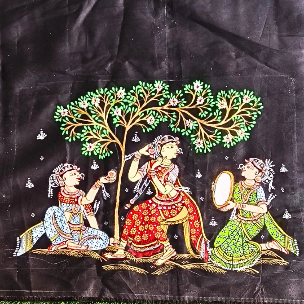 Hand-painted Pattachitra Lady Doing Sringhar With Lotus On Sleeves Blouse by Maavni