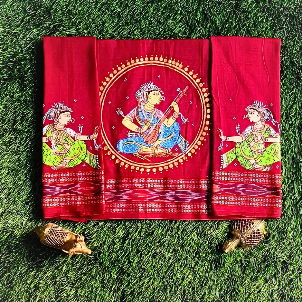 Hand-painted Pattachitra Lady Sitting And Holding Beena With Sitting Lady On Sleeves Blouse by Maavni