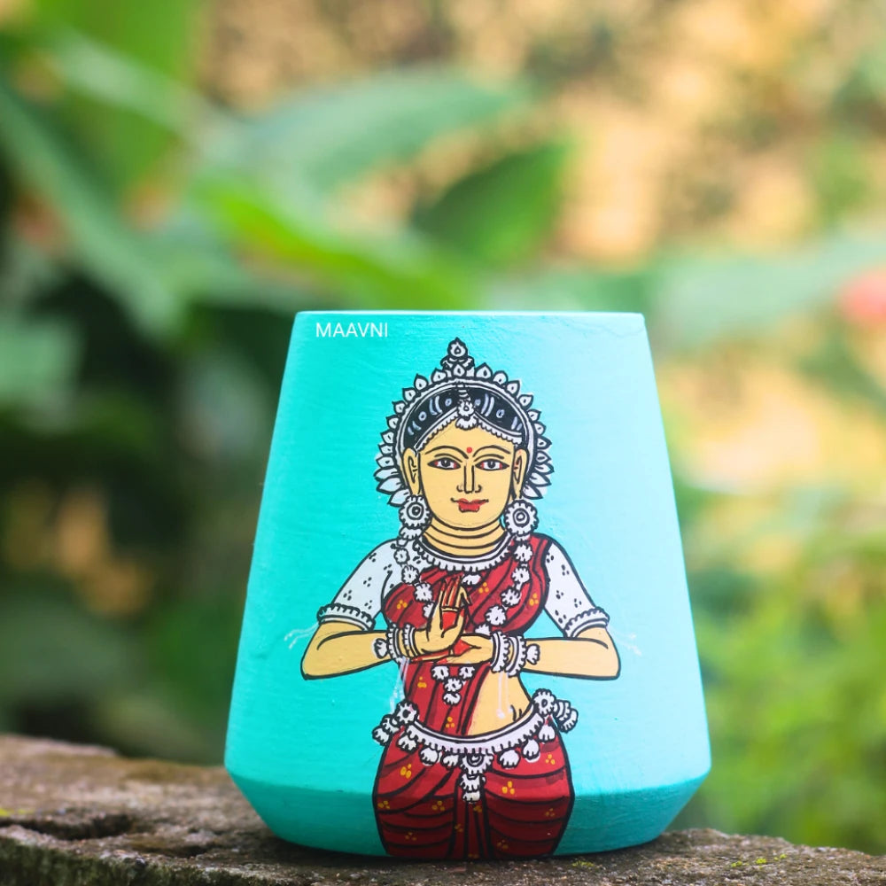Hand-painted Pattachitra Dancer Seegreen Pen Stand by Maavni