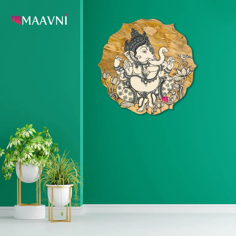 Hand-painted Pattachitra Floral Shape Ganesha Wall Plate gallery image by Maavni