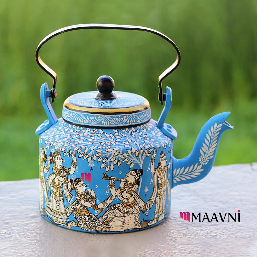 Hand-painted Pattachitra Krishna Leela Sky Kettle gallery image by Maavni