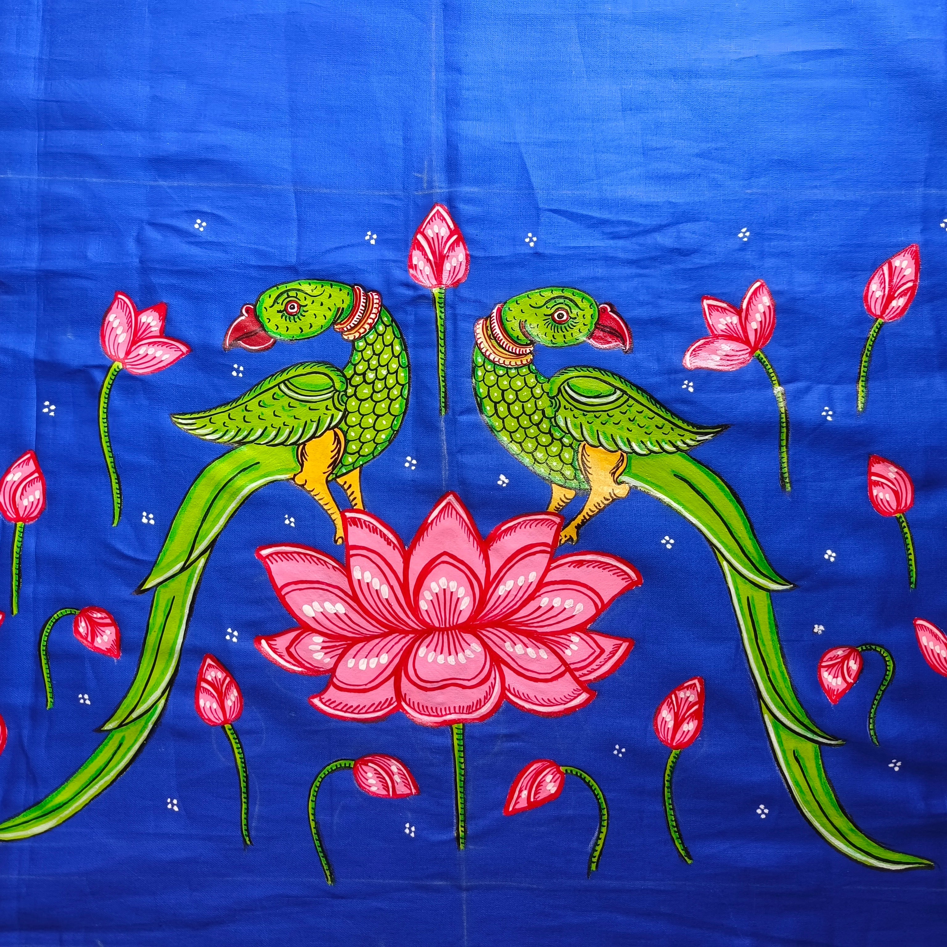 Embroidered fabric with green parrots and pink lotus flowers on a blue background, Blouse