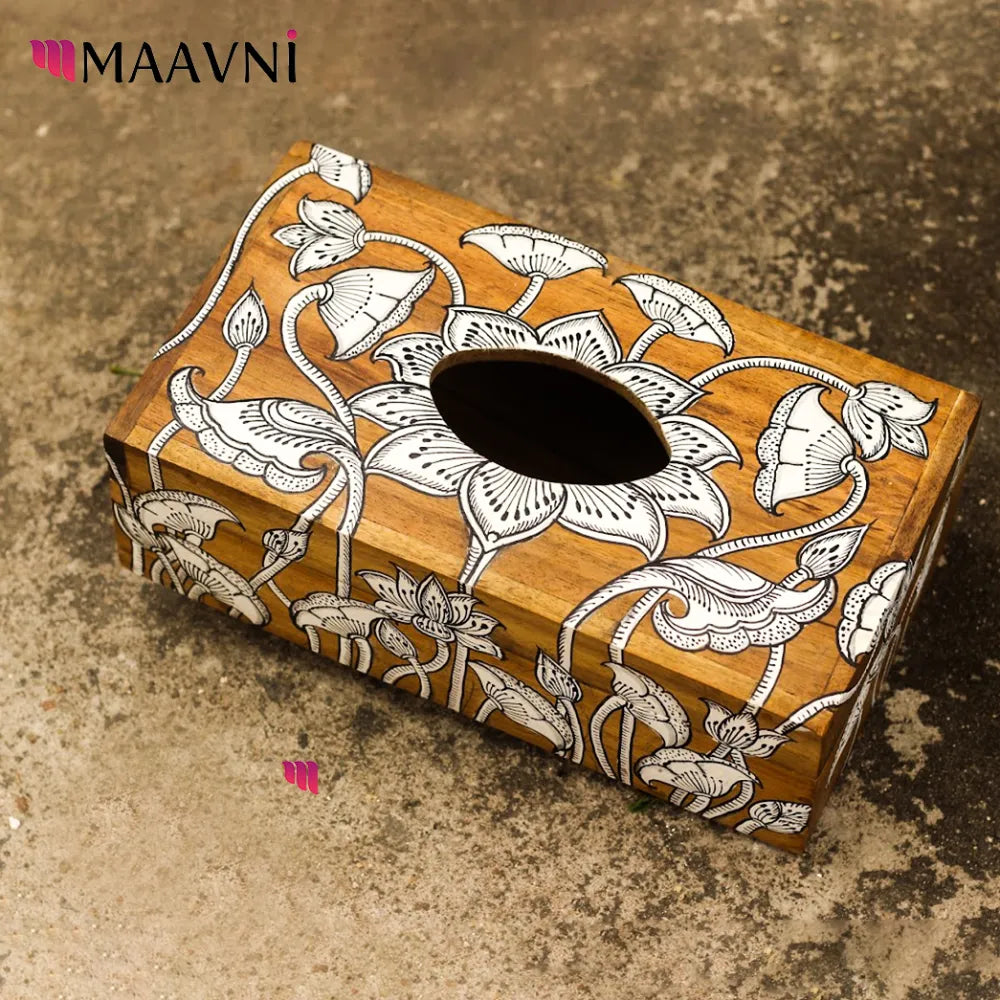Hand-painted Pattachitra Lotus Theme Tissue Box Decor by Maavni