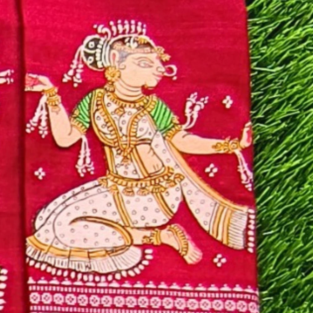 Hand-painted Pattachitra Lady Sitting And Holding Veena With Sitting Lady On Sleeves02 Blouse gallery image by Maavni
