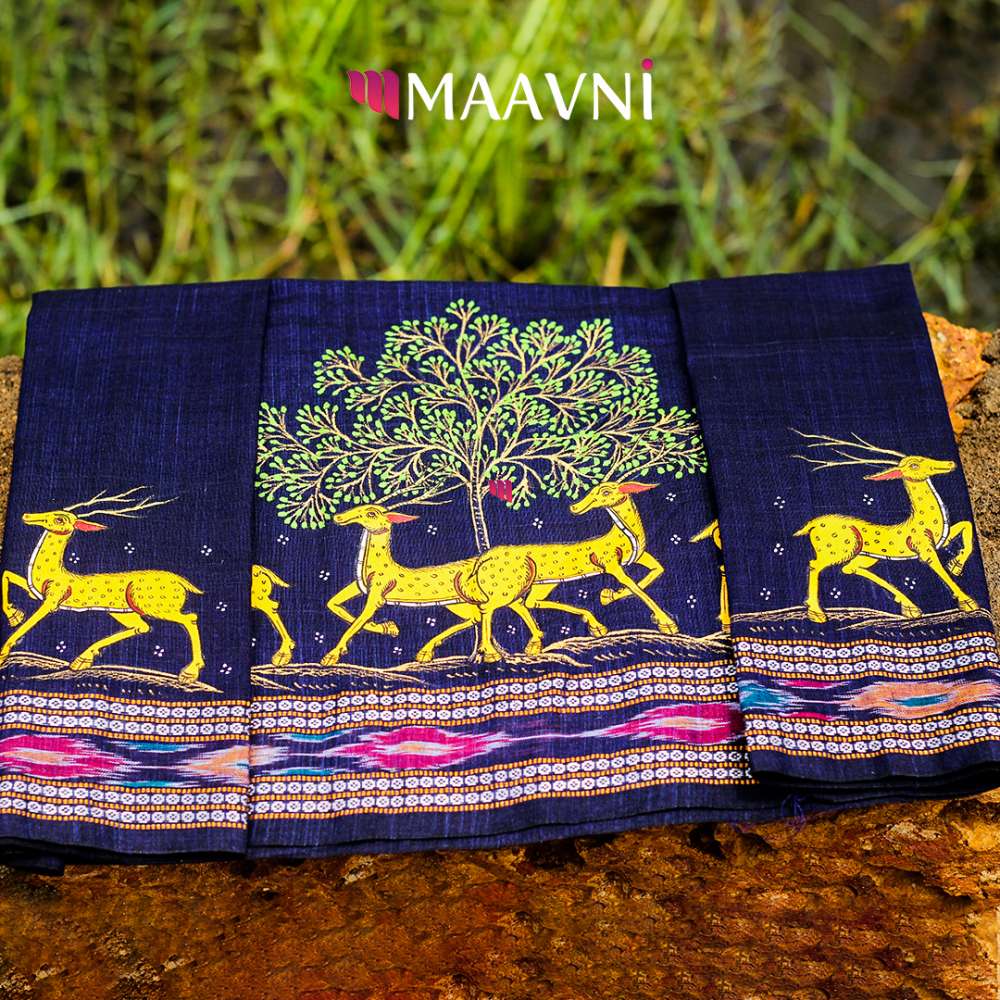 Hand-painted Pattachitra Deers In Jungle Piece 1Mt Blouse by Maavni