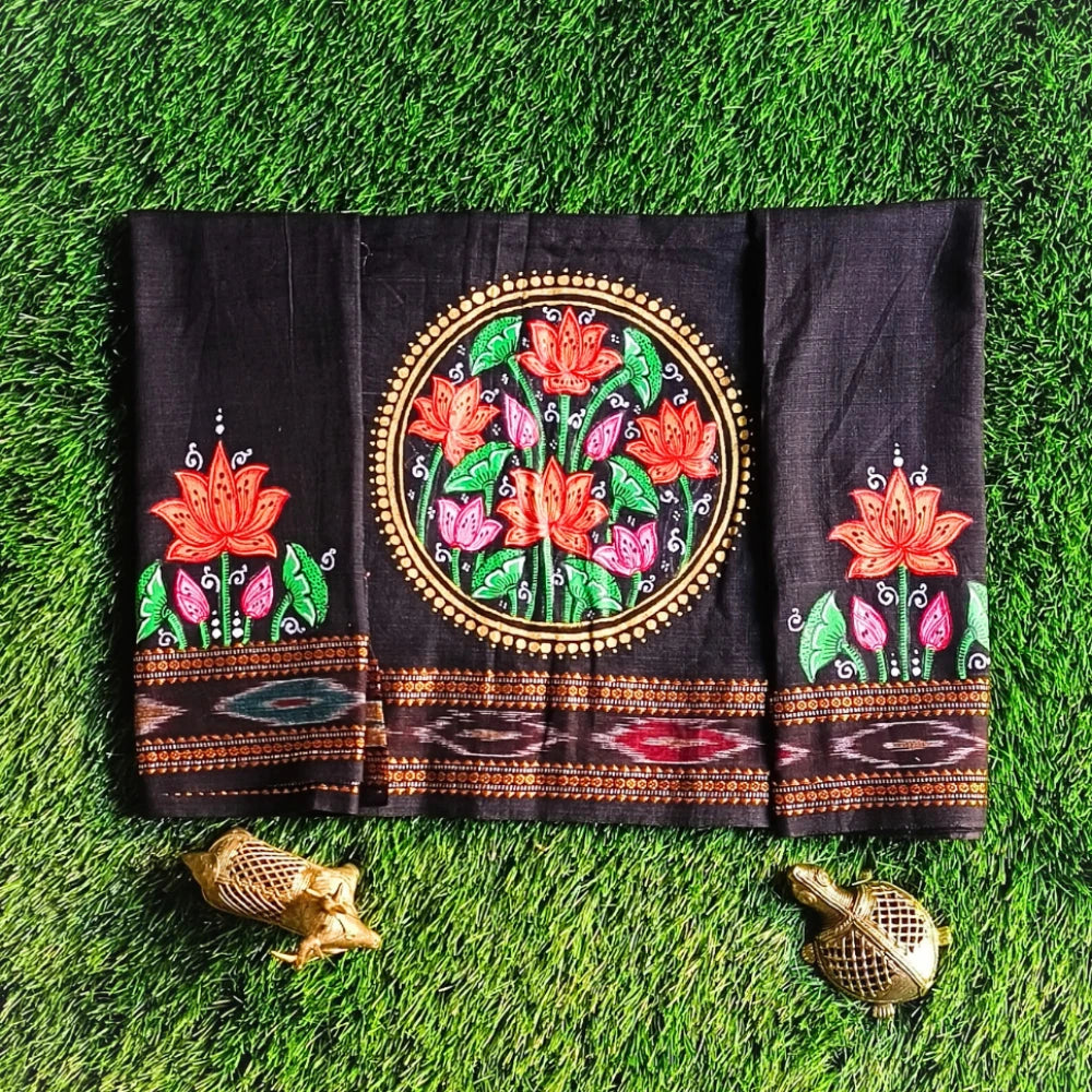 Hand-painted Pattachitra Lotus Theme With Lotus On Sleeve Blouse by Maavni