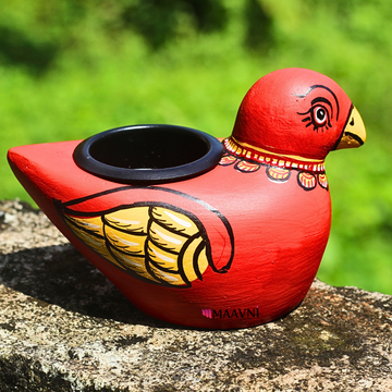 Hand-Painted Paper Mache Red Parrot T-Light Holder