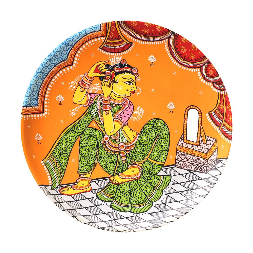 Hand-painted Pattachitra Woman Wearing Earing Wall Plate by Maavni
