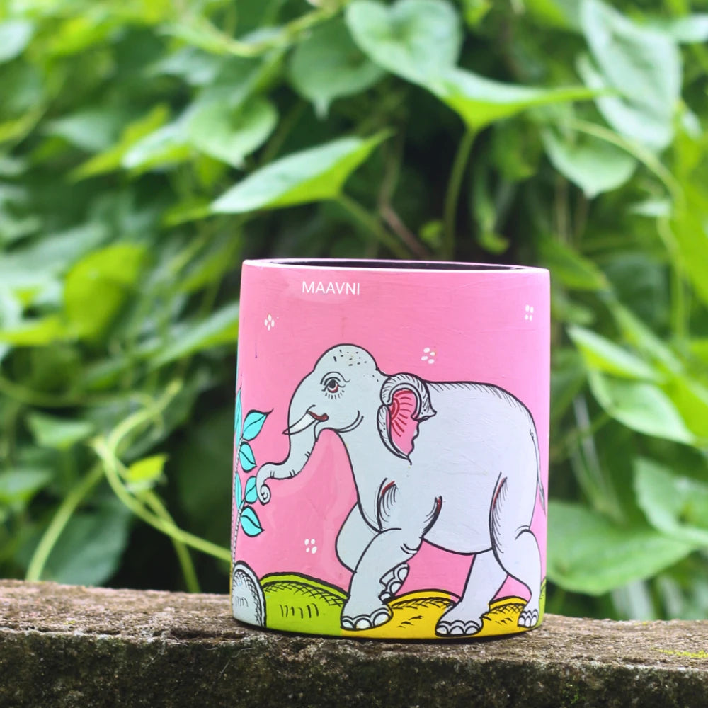 Hand-painted Pattachitra Elephant Greay Pen Stand by Maavni