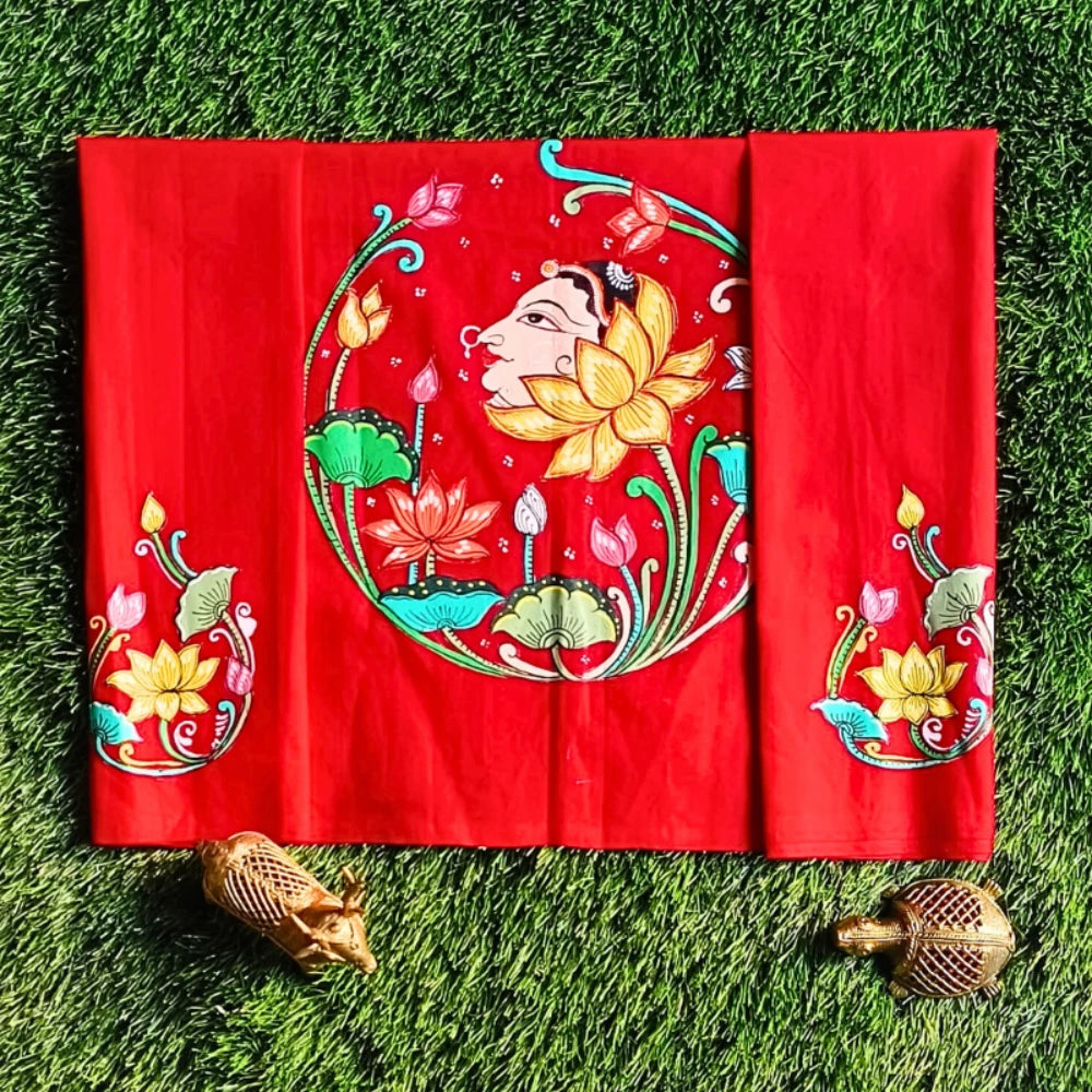 Hand-painted Pattachitra Lady Face In Between Lotus With Lotus On Sleeves Blouse by Maavni