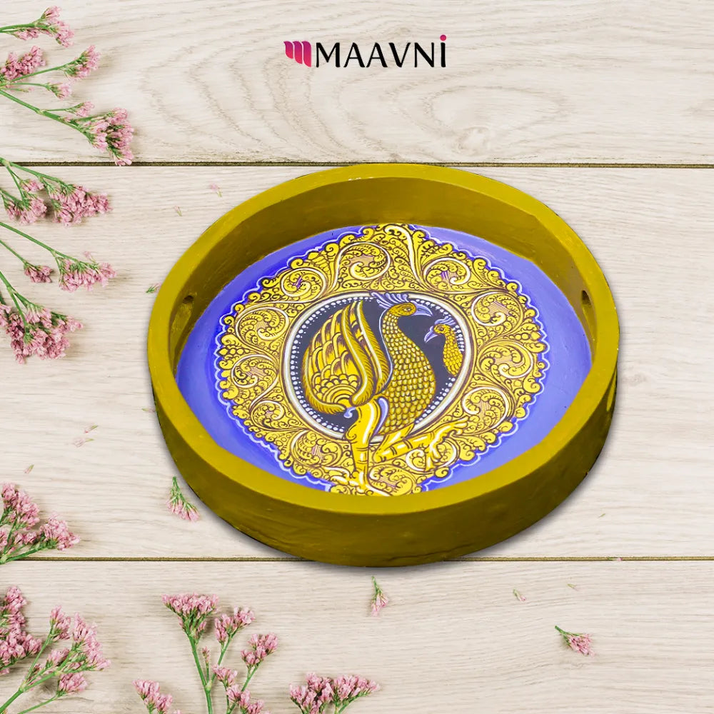 Hand-painted Pattachitra Peacock Design Round Tray Decor by Maavni