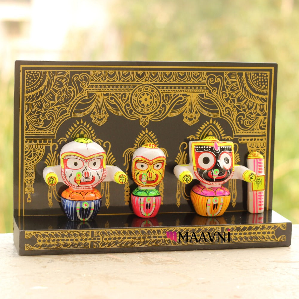 Hand-painted Pattachitra Lord Jagannath Subhadra Balabhadra Sudarshana In Singhasana Decor by Maavni