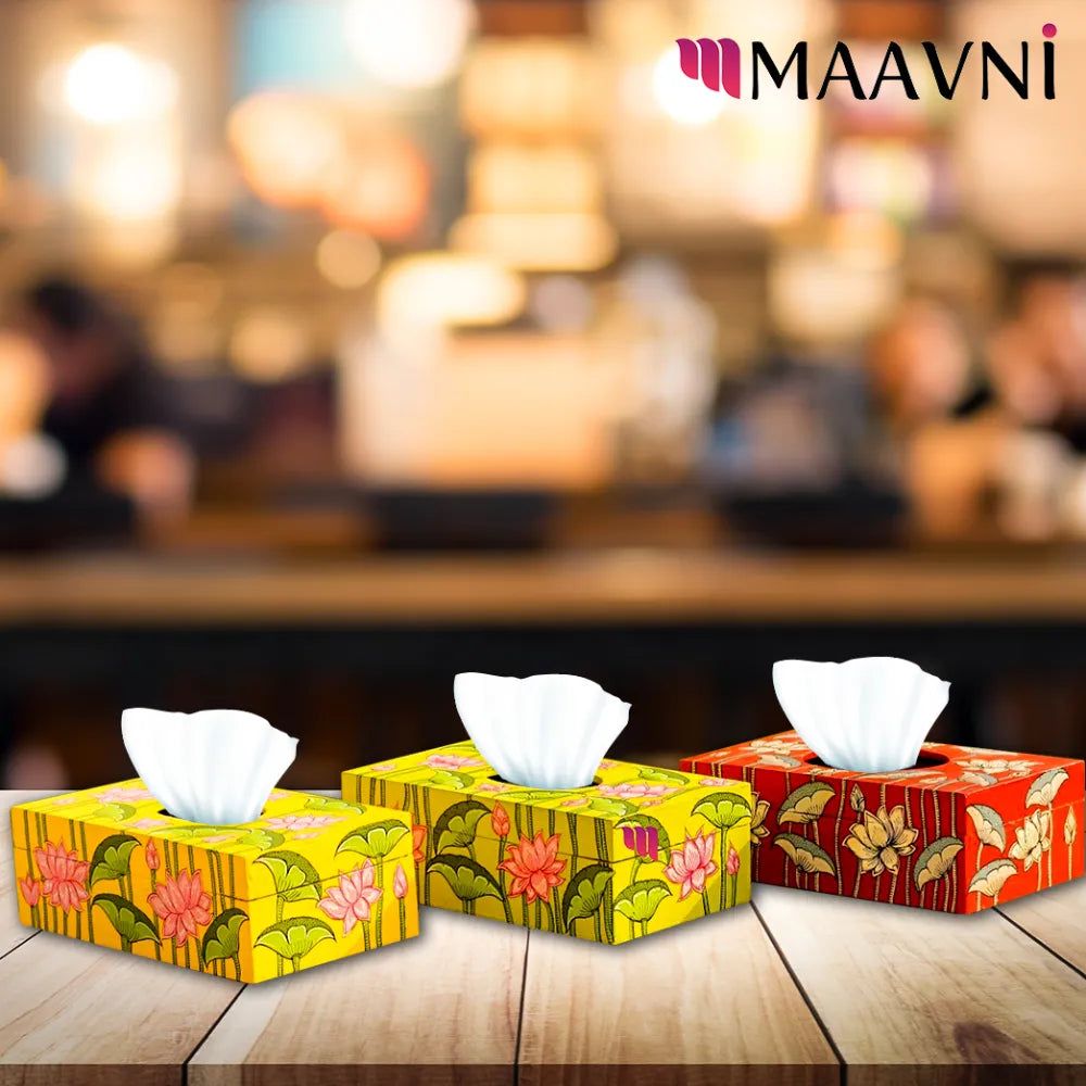 Hand-painted Pattachitra Lotus Theme Tissue Box Decor gallery image by Maavni