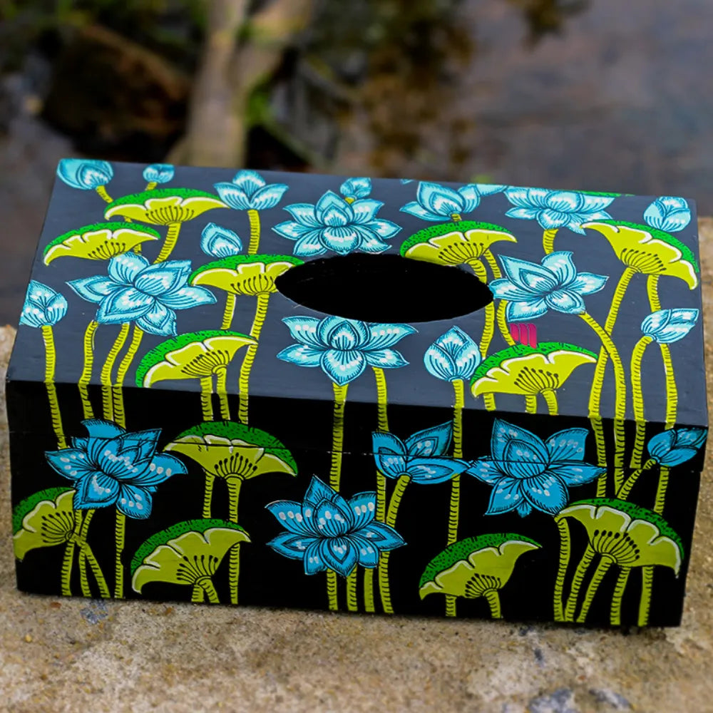 Hand-painted Pattachitra Lotus With Background Tissue Box Decor by Maavni