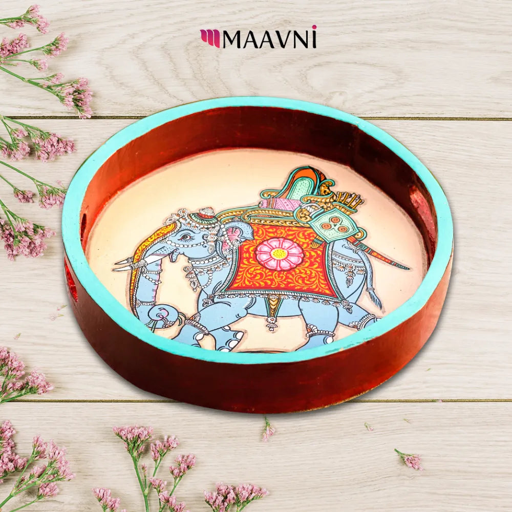 Hand-painted Pattachitra Worrier Elephant Round Tray Decor by Maavni