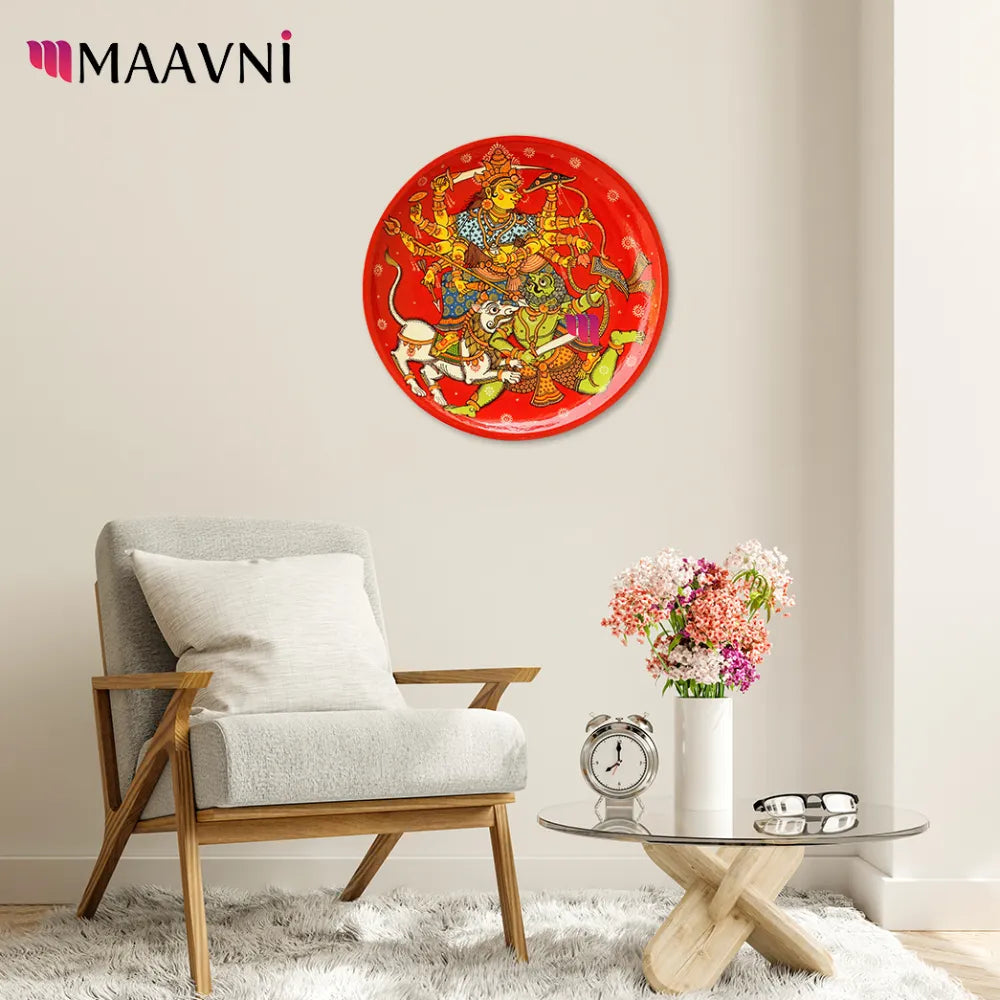 Hand-painted Pattachitra Durga Wooden Wall Plate gallery image by Maavni