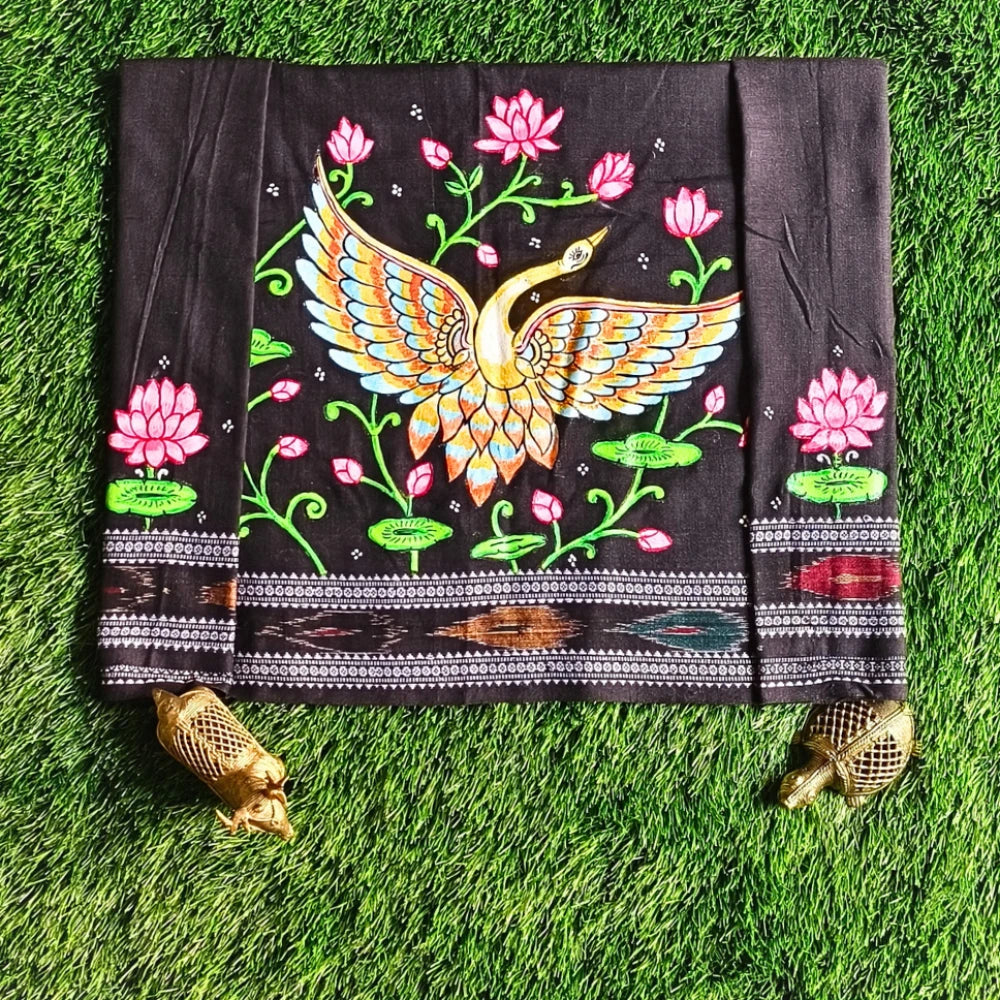 Hand-painted Pattachitra A Flying Bird In Betweeen Lotus With Lotus On Sleeves Blouse by Maavni