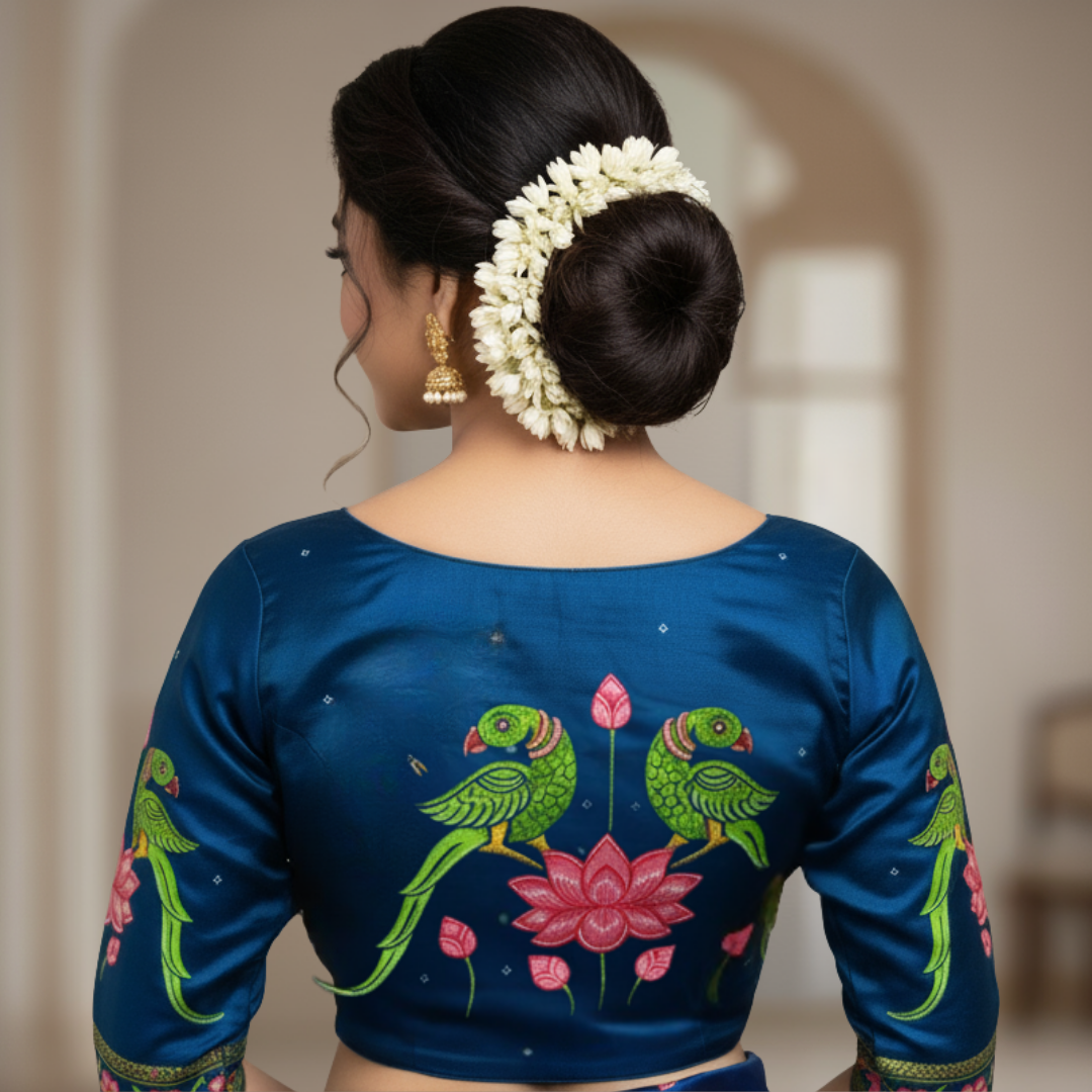 Hand-painted Pattachitra Parrot on Lotus Blouse