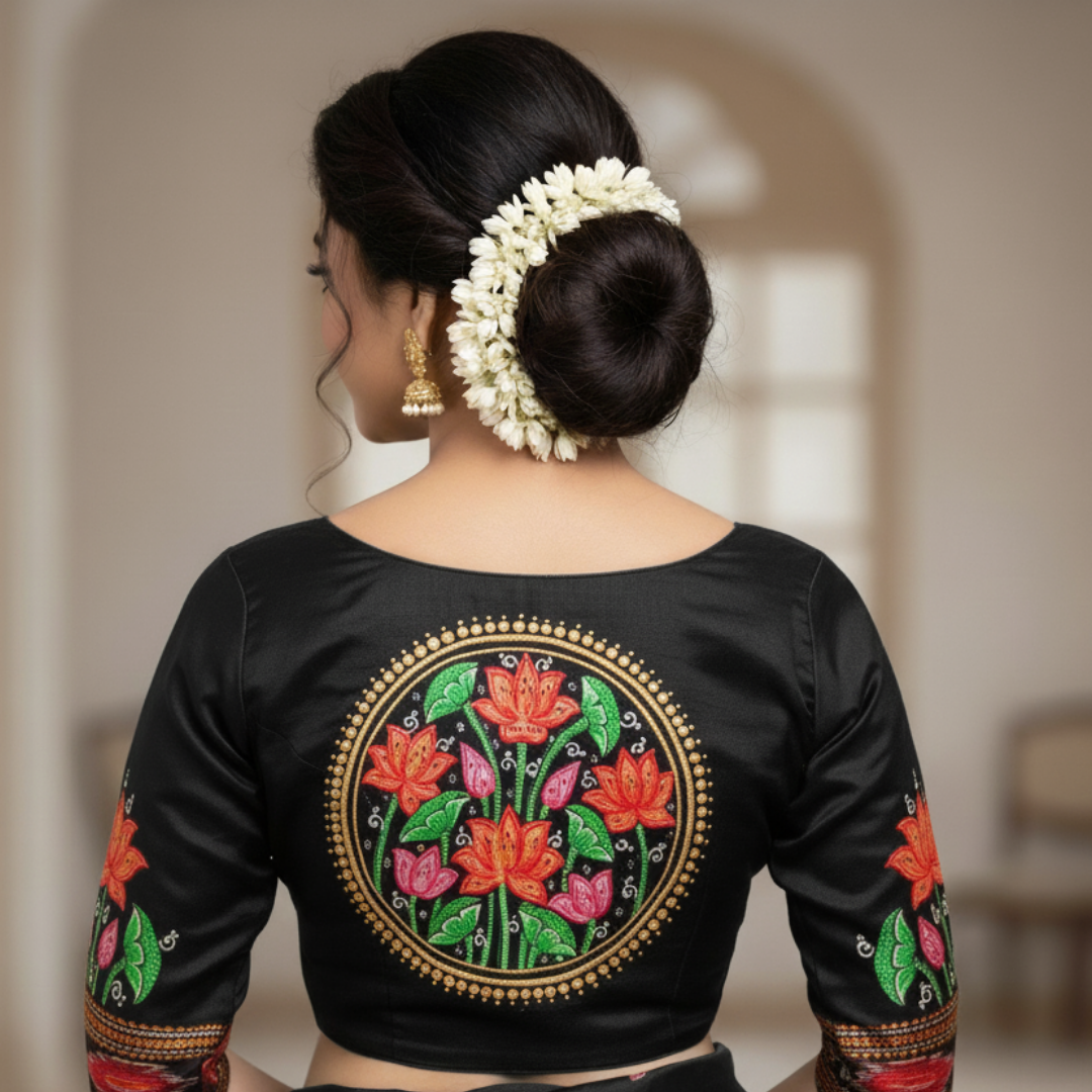 Hand-painted Pattachitra Lotus Theme With Lotus On Sleeve Blouse by Maavni