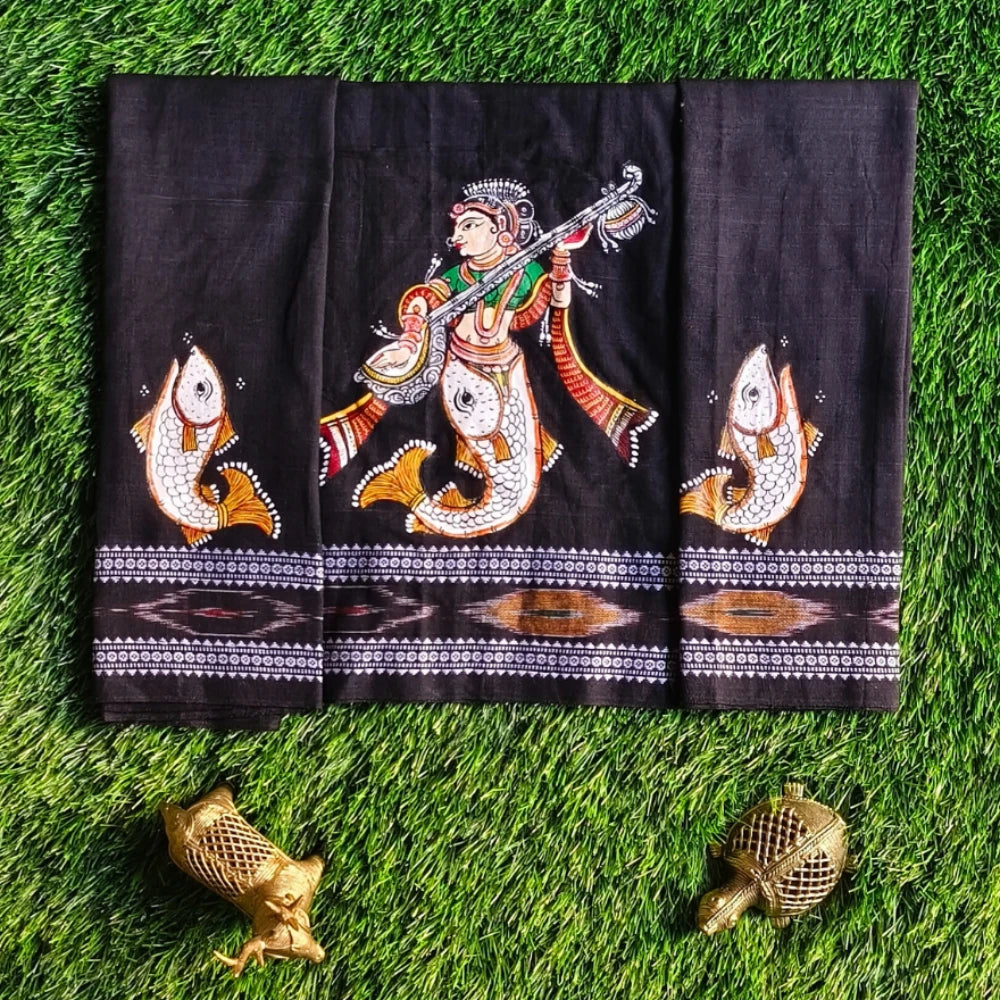 Hand-painted Pattachitra Matsya Kanya With Beena In Hands With Fish On Sleeves Blouse by Maavni