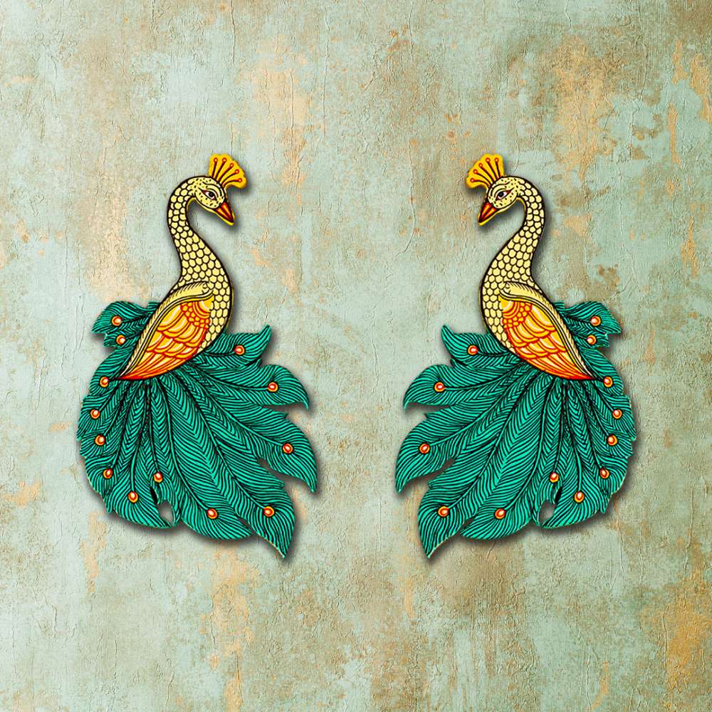 Hand-painted Pattachitra Seagreen Peacock Pair Cutouts Decor by Maavni