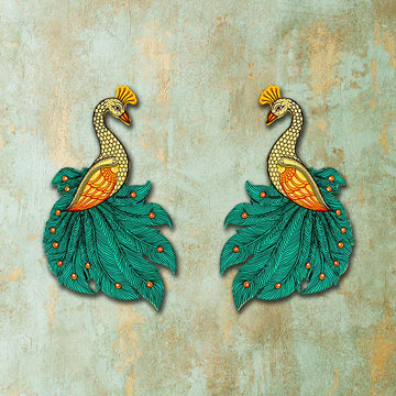 Hand-painted Pattachitra Seagreen Peacock Pair Cutouts Decor by Maavni