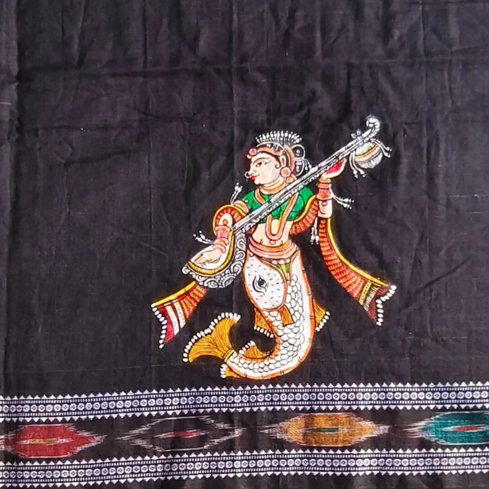 Hand-painted Pattachitra Matsya Kanya With Beena In Hands With Fish On Sleeves Blouse gallery image by Maavni