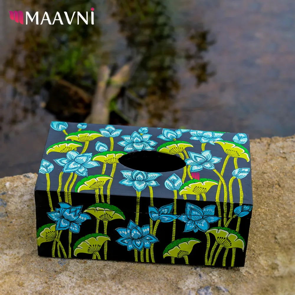 Hand-painted Pattachitra Lotus With Background Tissue Box Decor by Maavni