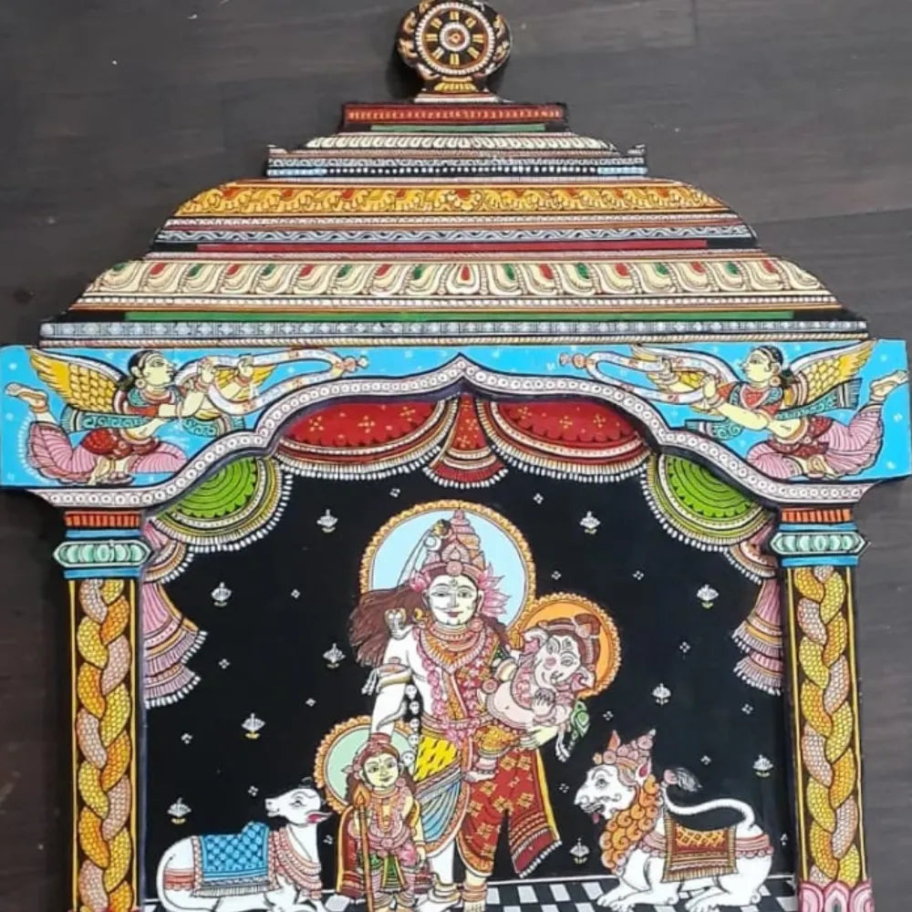 Hand-painted Pattachitra Temple Frame Shiva Parivar Decor by Maavni