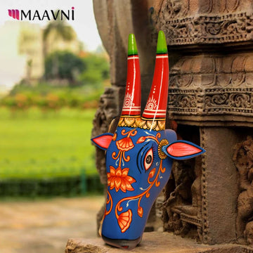 Hand-painted Pattachitra Cow Head Indigo Hand Painted D Cor Painting by Maavni