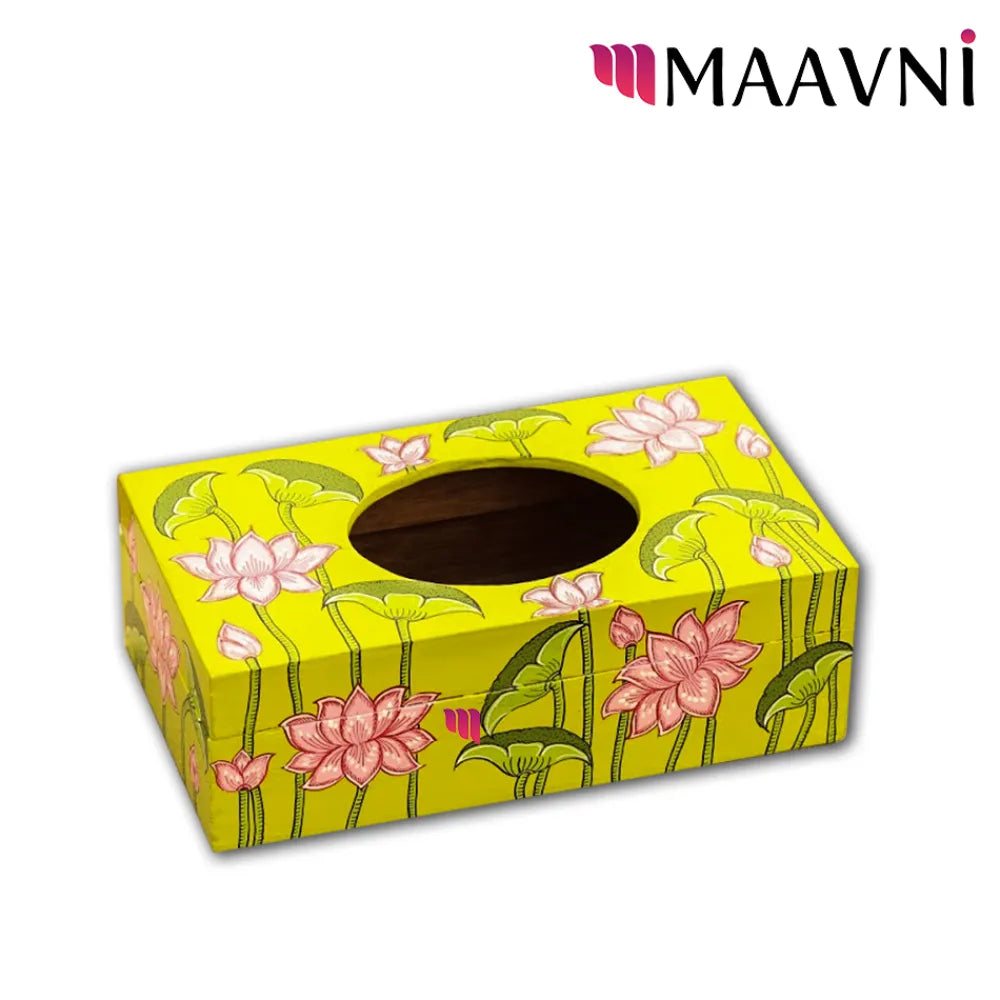 Hand-painted Pattachitra Lotus Theme Lightgreen Tissue Box Decor by Maavni