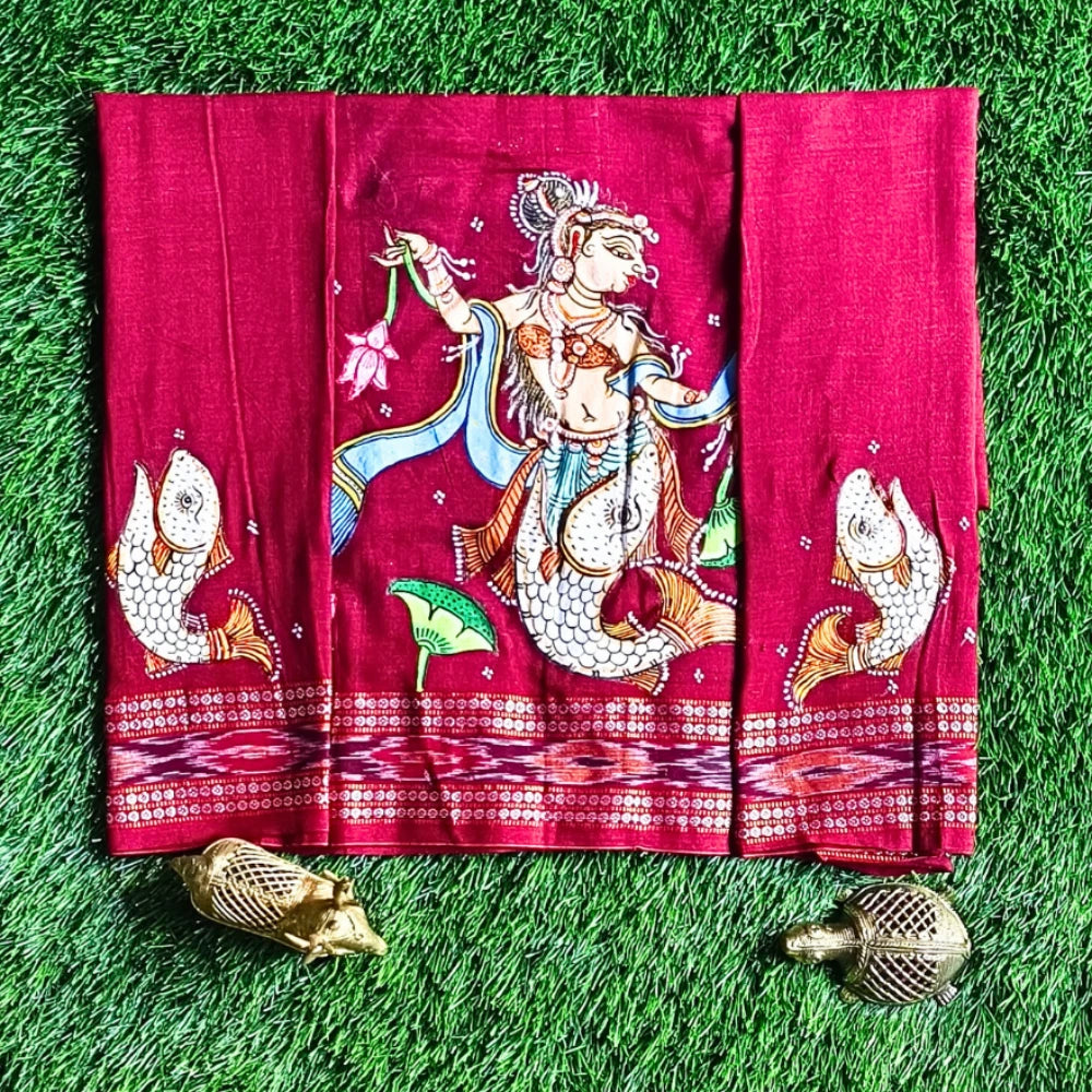 Hand-painted Pattachitra Matsya Kanya With Fish On Sleeves Blouse by Maavni