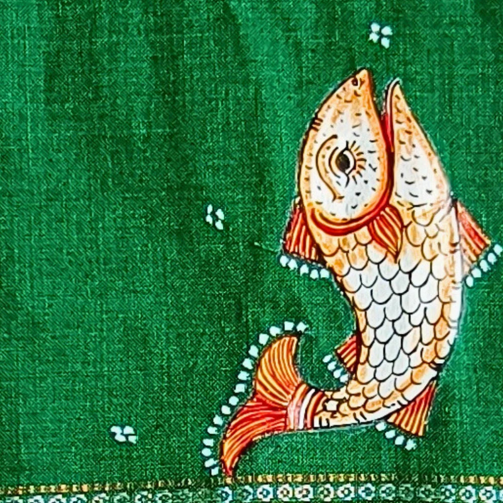 Hand-painted Pattachitra Matsya Kanya With Beena In Hands And Fish On Sleeves Blouse gallery image by Maavni