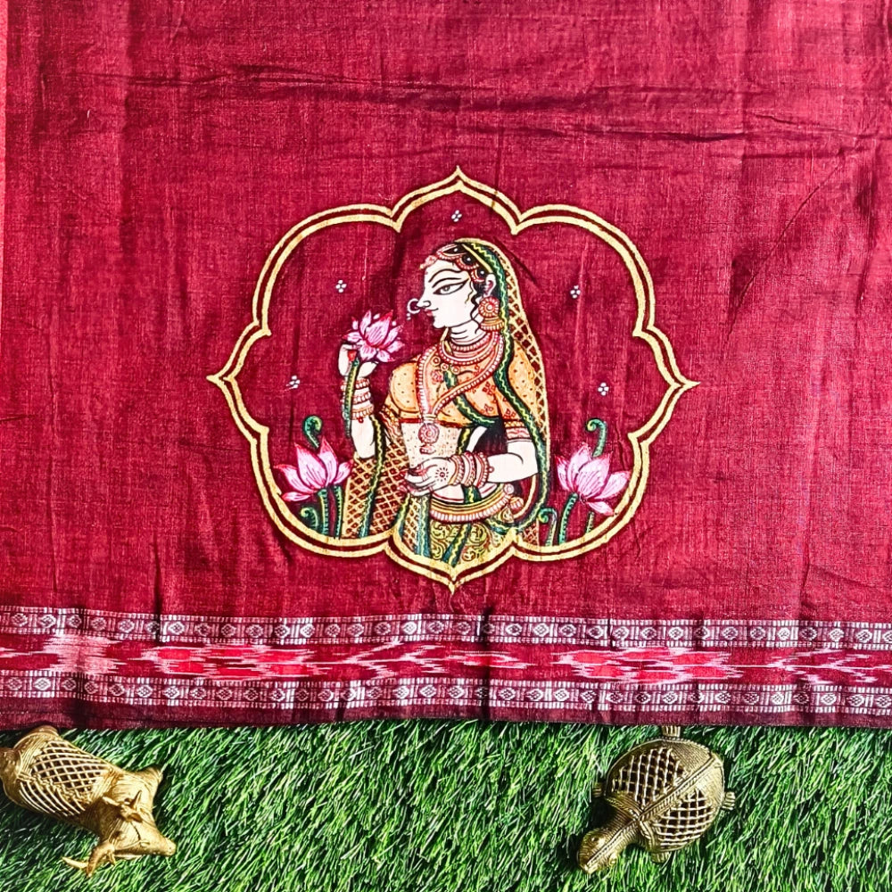 Hand-painted Pattachitra Maharani Holding Lotus With Lotus On Sleeves Blouse by Maavni