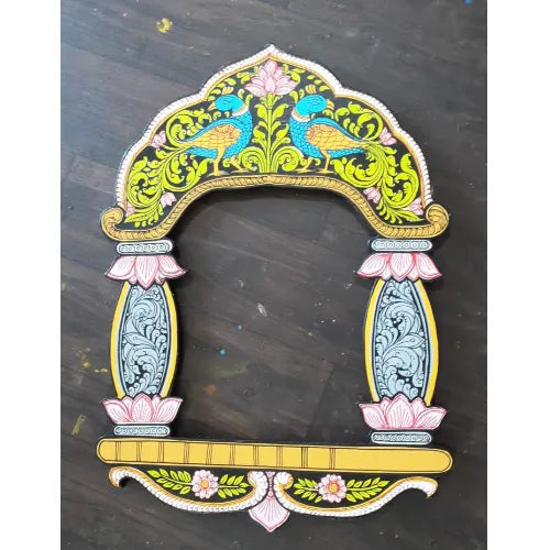 Hand-painted Pattachitra Peacock And Lotus Jharokha By With Mirror Painting by Maavni