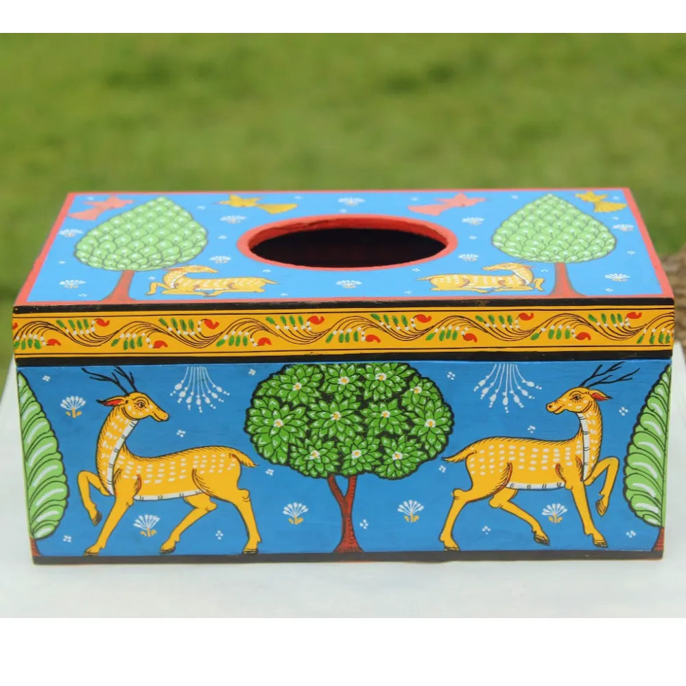 Hand-painted Pattachitra Deer Theme Style Rectangle Tissue Box Decor by Maavni