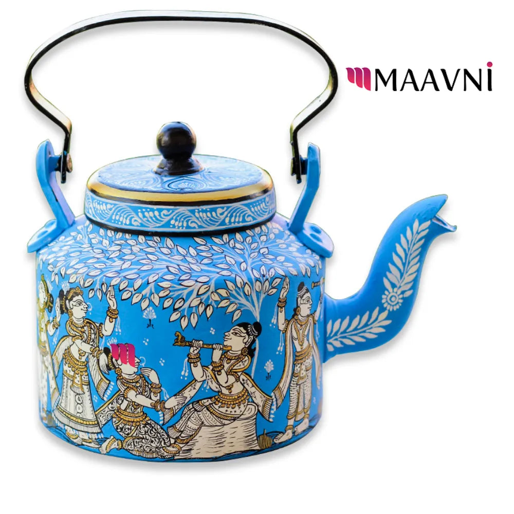 Hand-painted Pattachitra Krishna Leela Sky Kettle gallery image by Maavni