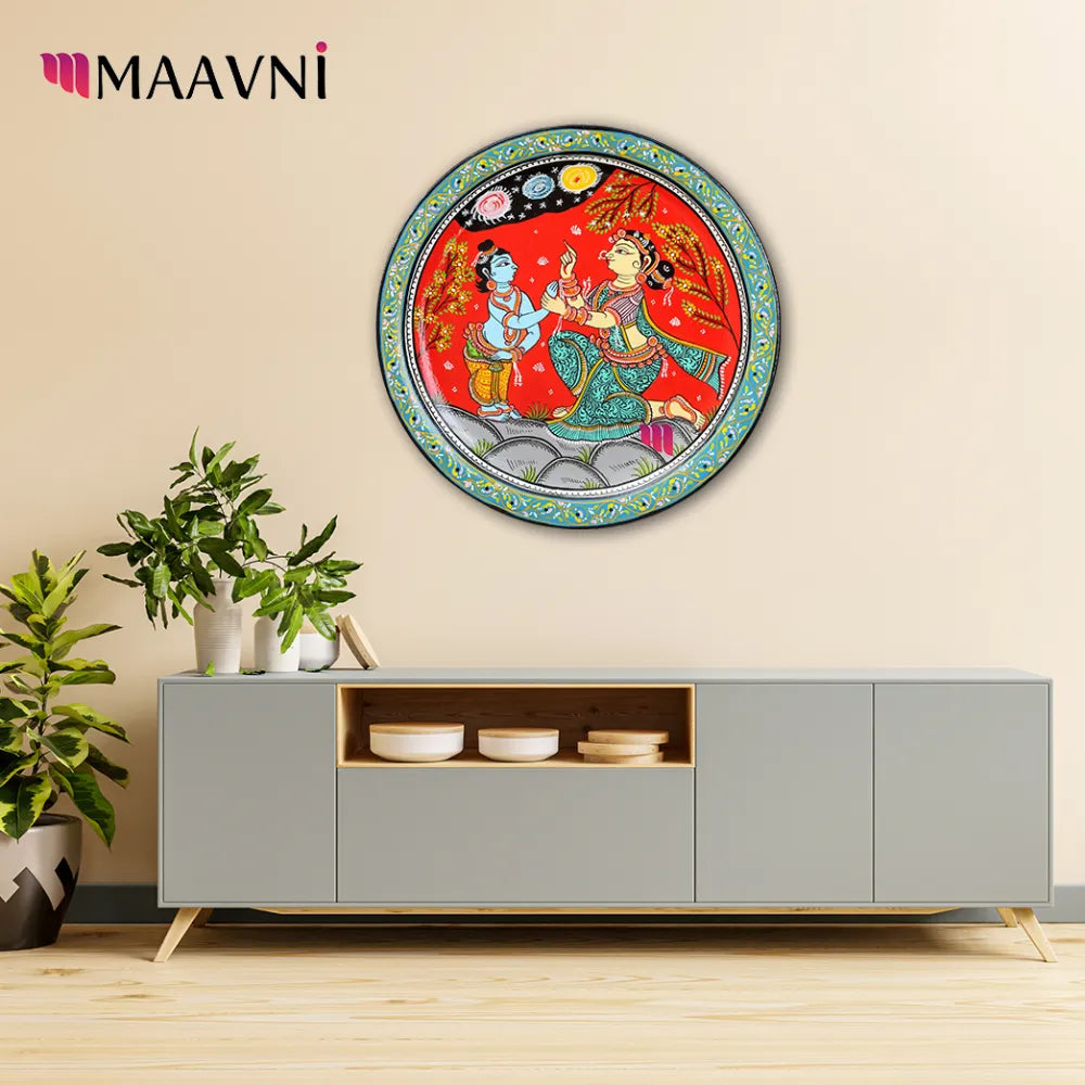 Hand-painted Pattachitra Krishna Yasoda Background Wall Plate by Maavni