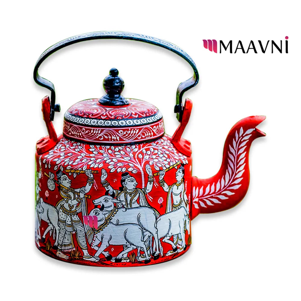 Hand-painted Pattachitra Krishna With Cow Theme Kettle gallery image by Maavni