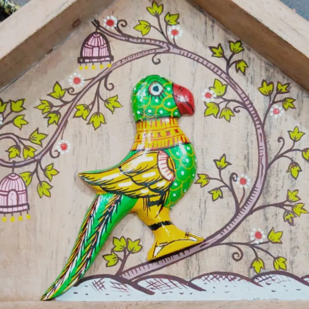 Hand-painted Pattachitra Parrot Keyholder 8By10 Inches Painting by Maavni
