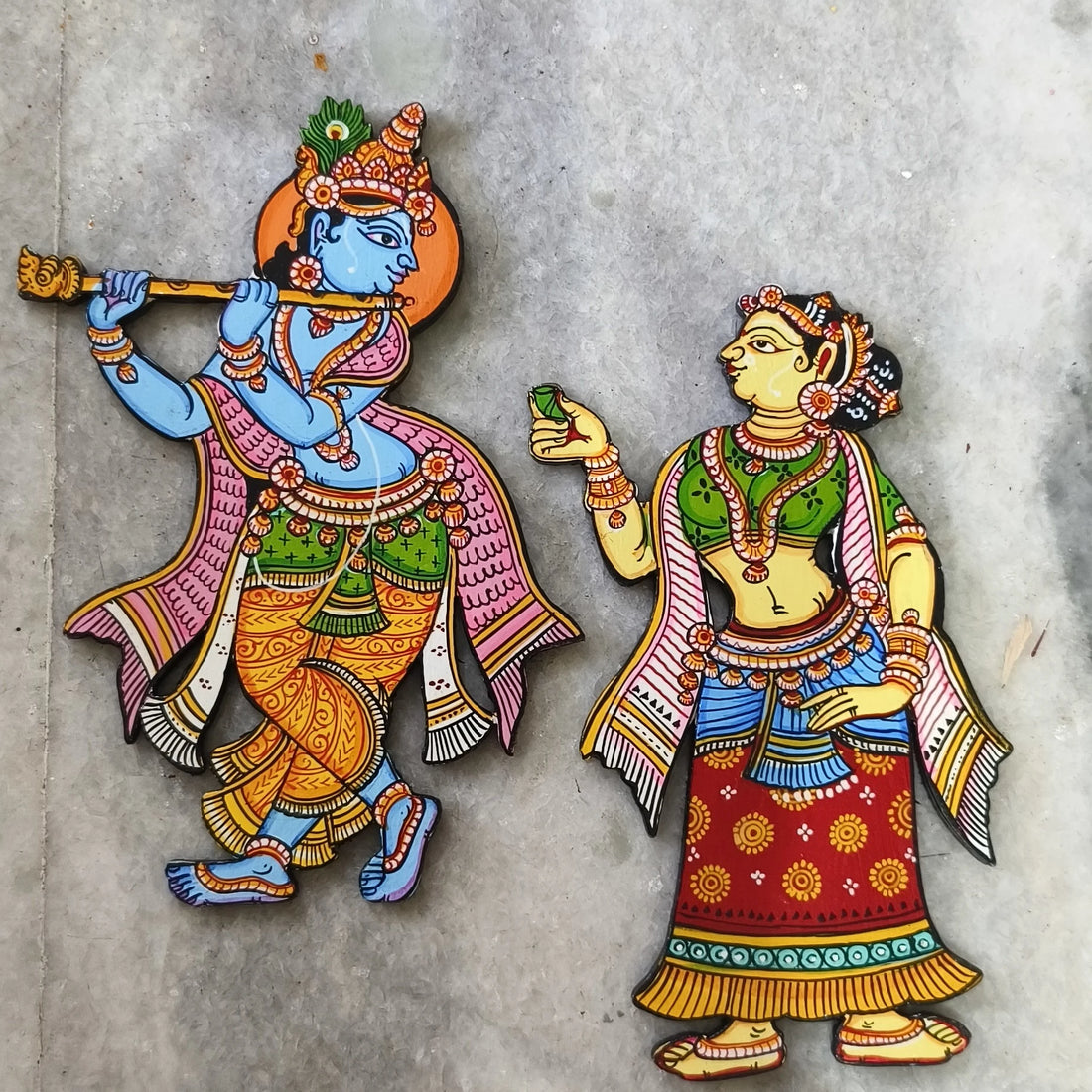 Hand-painted Pattachitra Radha Krishna Cutout Pair Decor by Maavni