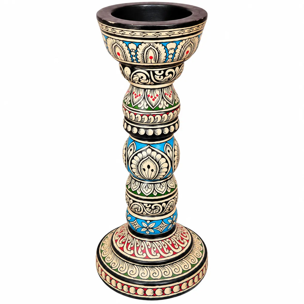 Hand-Painted Pattachitra Wooden Candle Stand – Traditional Floral Design