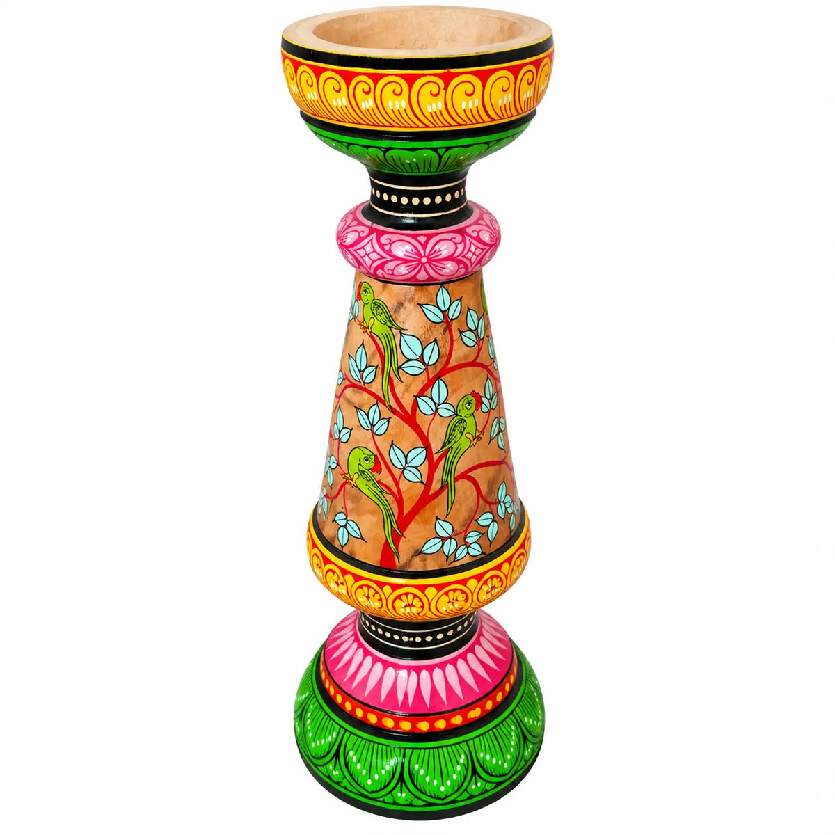 Hand-Painted Pattachitra Wooden Candle Stand – Parrot & Floral Design