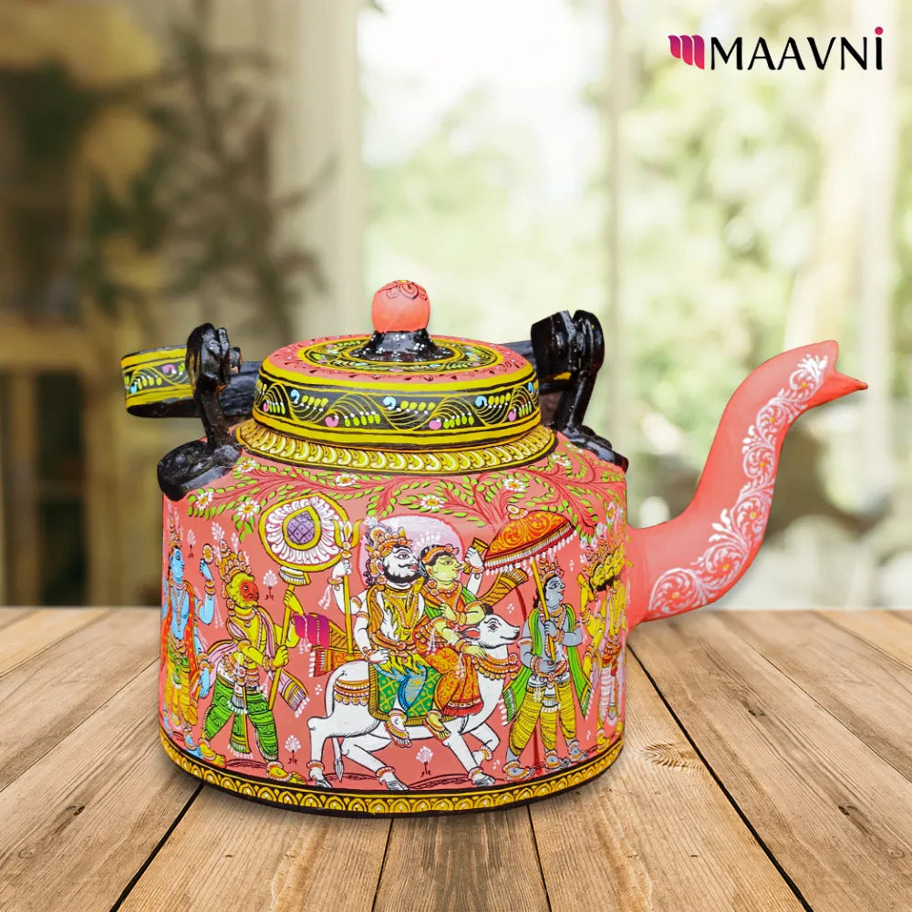 Hand-painted Pattachitra Shiva Vivah Theme Peach Kettle gallery image by Maavni