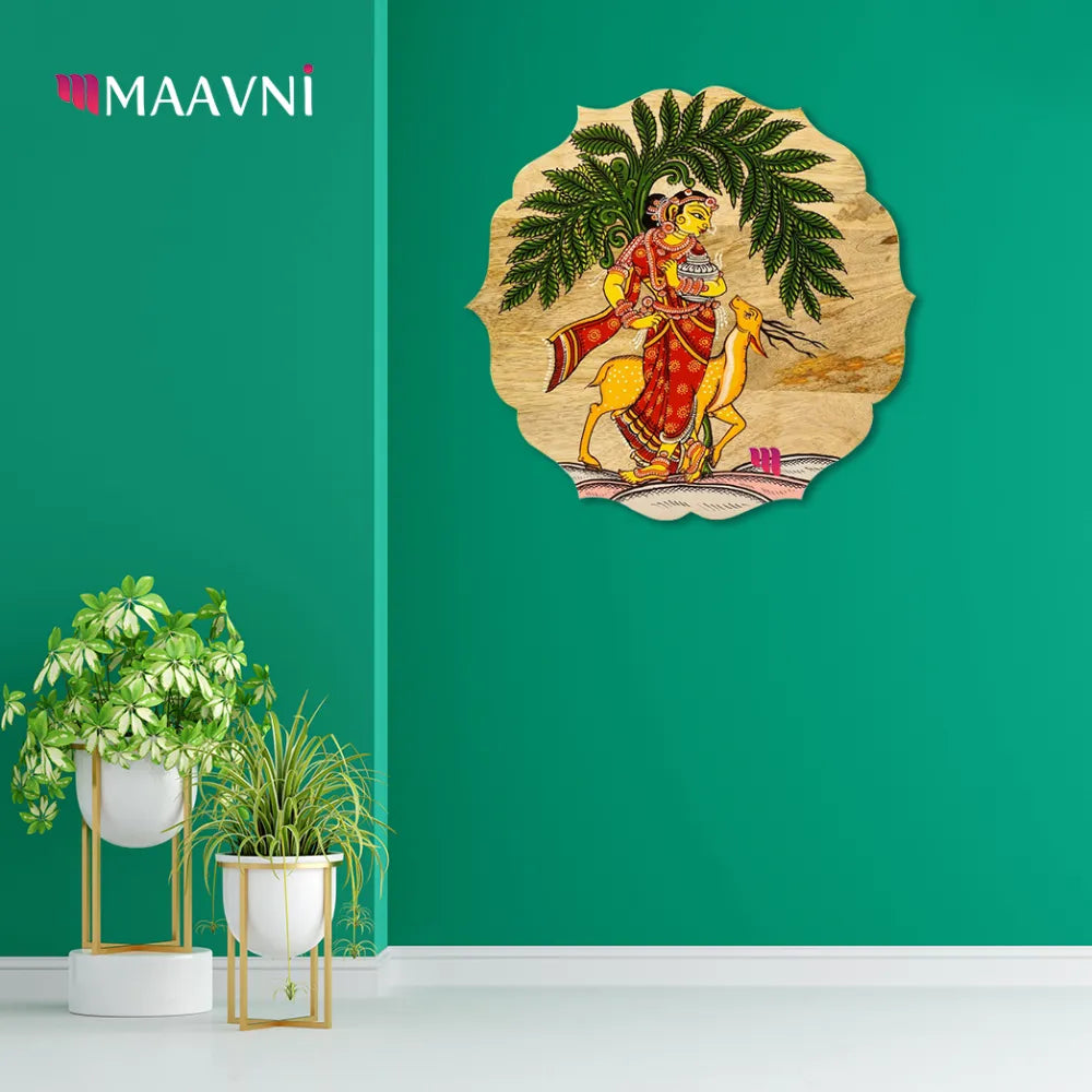 Hand-painted Pattachitra Floral Shape Deer With Girl Wall Plate gallery image by Maavni