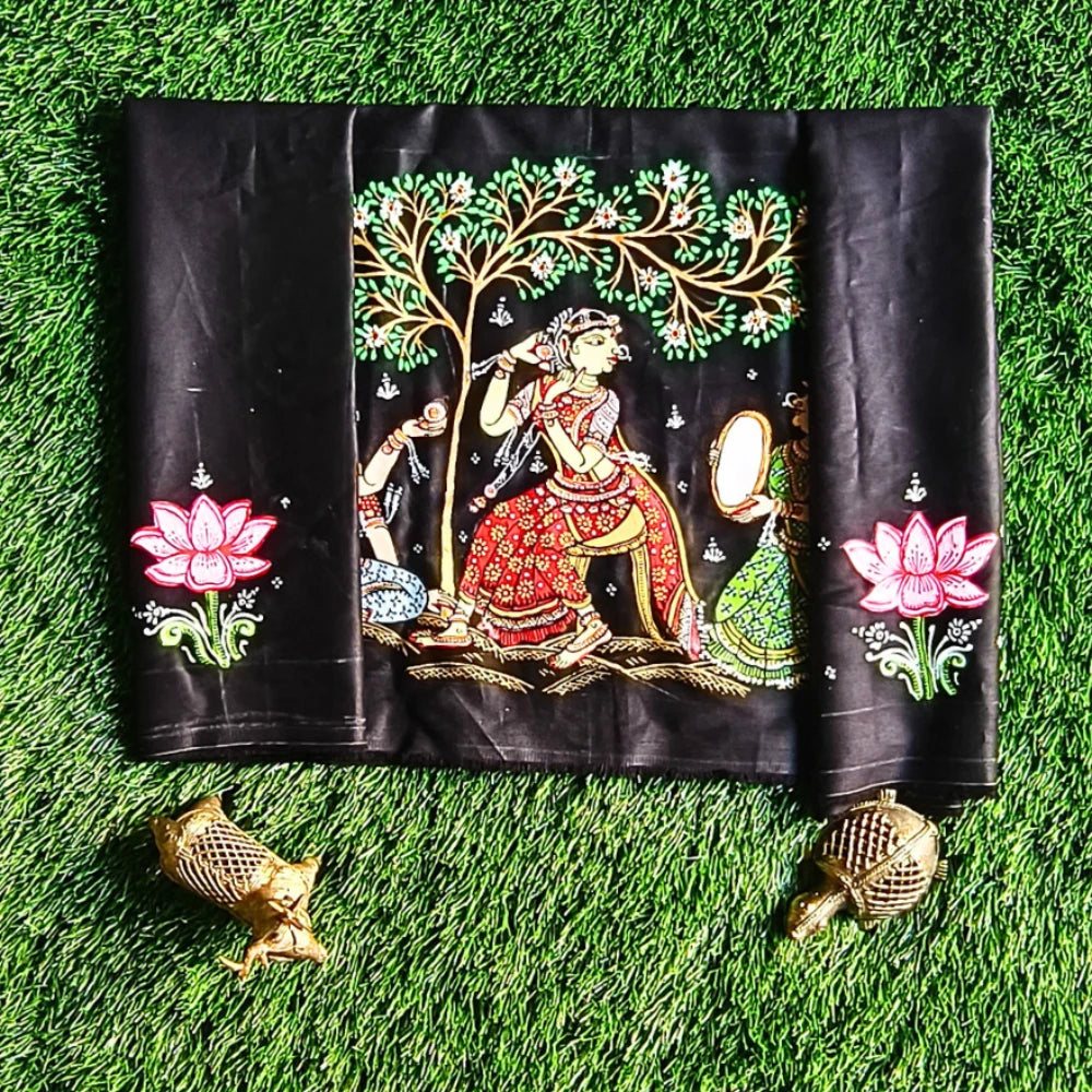 Hand-painted Pattachitra Lady Doing Sringhar With Lotus On Sleeves Blouse by Maavni