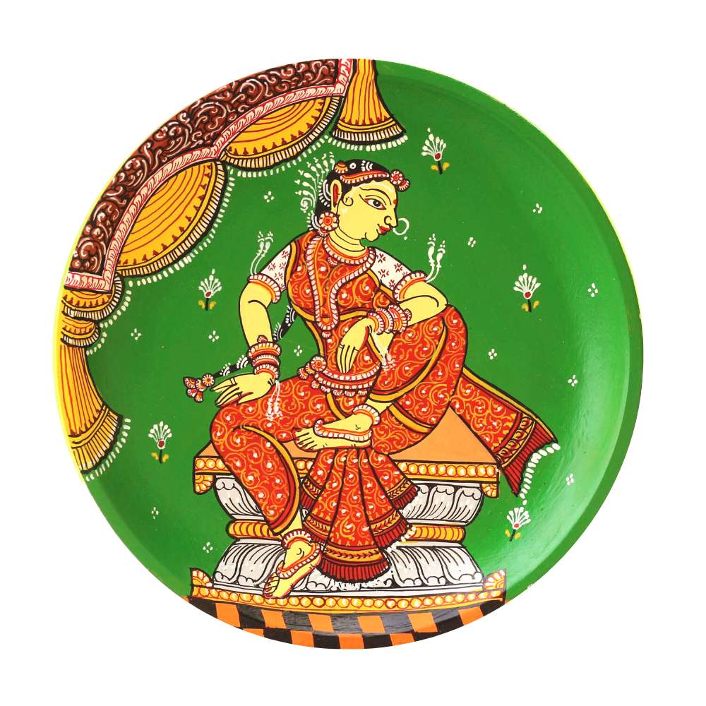 Hand-painted Pattachitra Lady With Lotus In Hand Wall Plate by Maavni