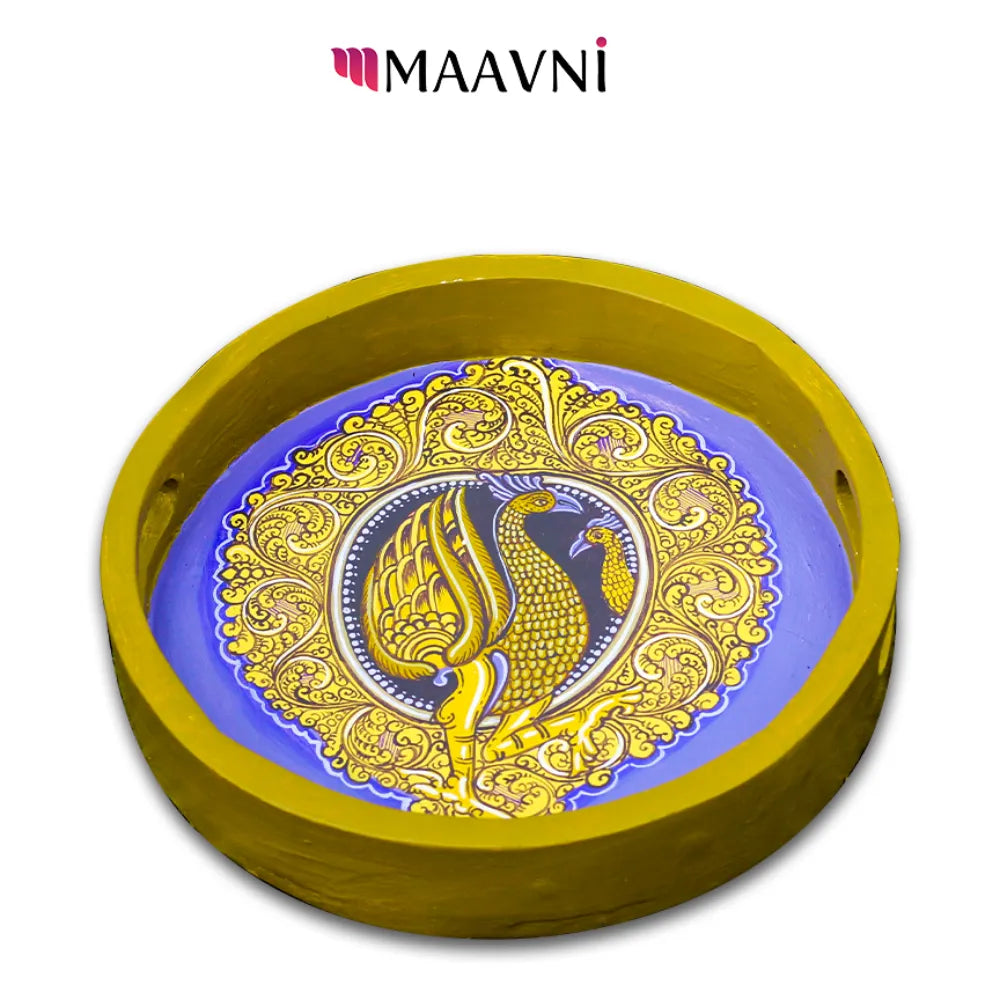 Hand-painted Pattachitra Peacock Design Round Tray Decor by Maavni